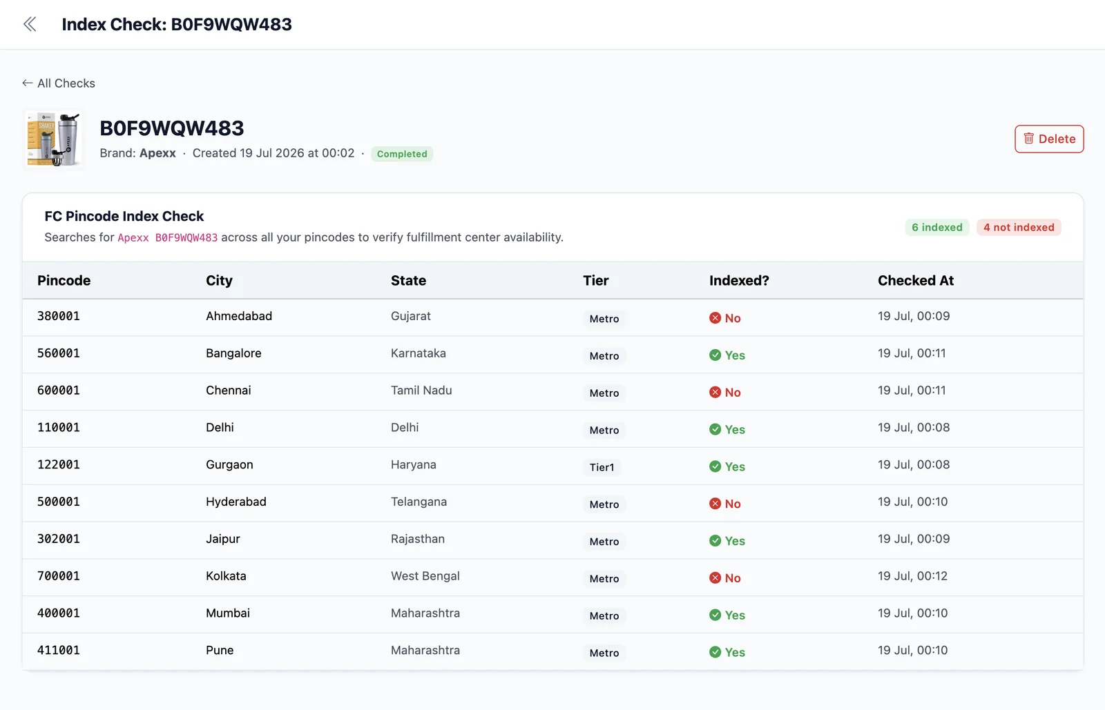 EcomDune index checker confirming whether an Amazon listing is indexed for a keyword, a gap in Helium 10's toolset