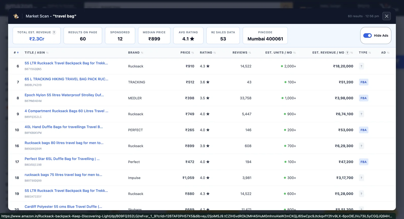 EcomDune Market Scan Chrome extension showing estimated revenue, price and reviews for every listing on an Amazon search results page